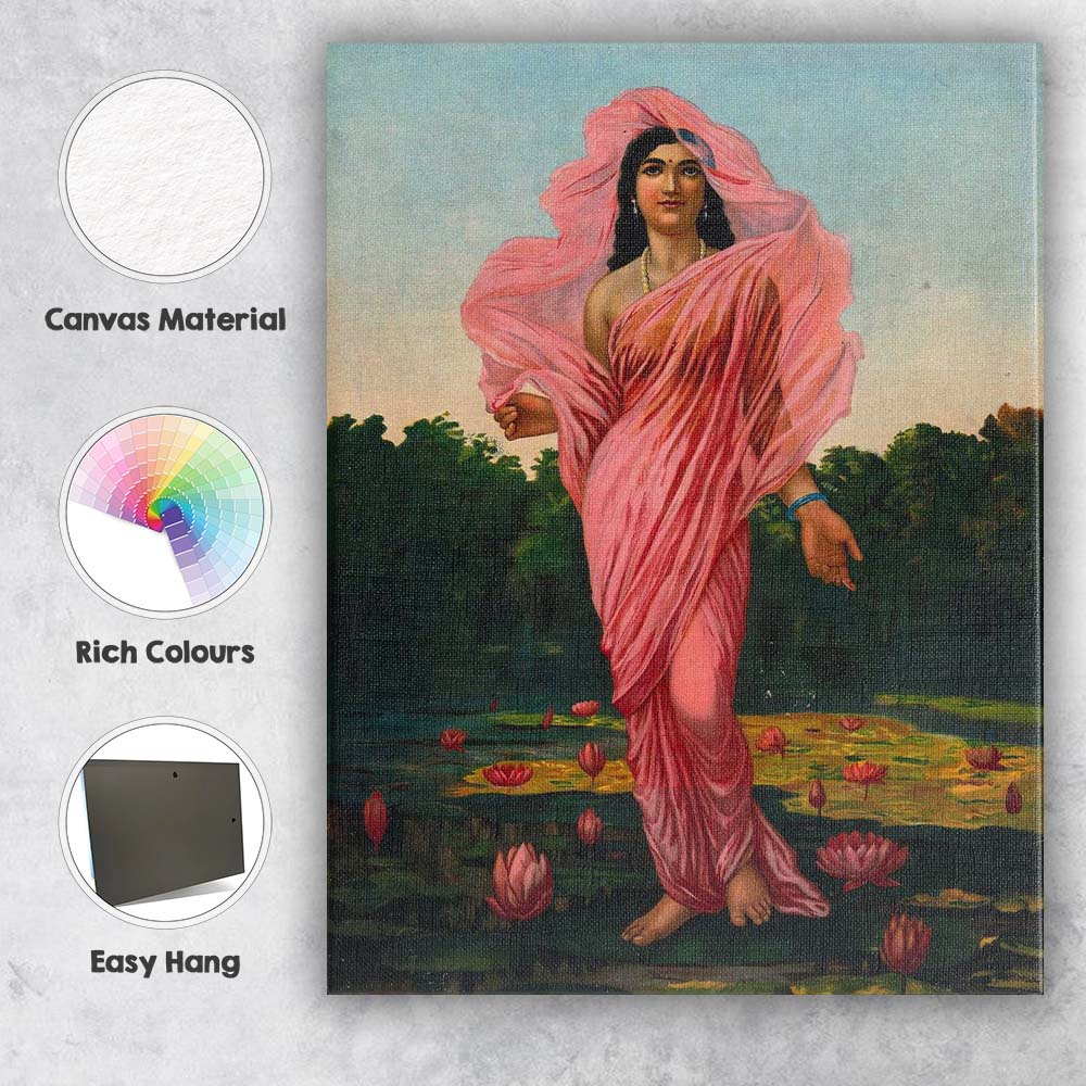 Graceful Woman in Pink Sari Lotus Pond Painting Canvas Wall Art Print Decor Picture Ready to Hang