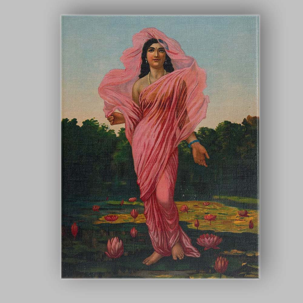 Graceful Woman in Pink Sari Lotus Pond Painting Canvas Wall Art Print Decor Picture Ready to Hang
