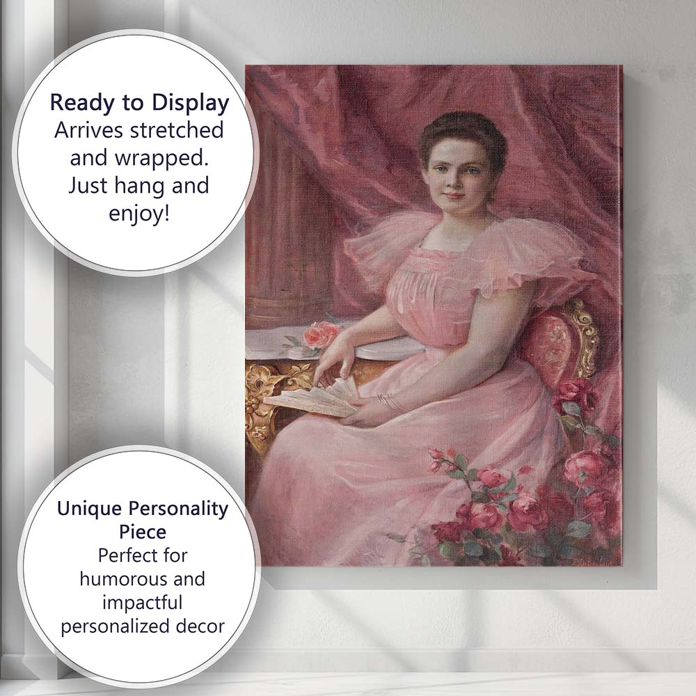 Elegant Victorian Lady in Pink Gown Portrait Oil Painting Canvas Wall Art Print Decor Picture Ready to Hang