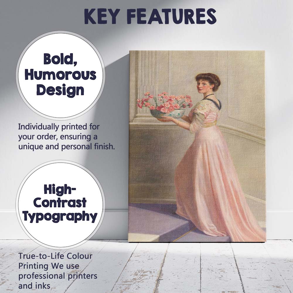 Edwardian Lady Holding Pink Carnations Elegant Portrait Canvas Wall Art Print Decor Picture Ready to Hang