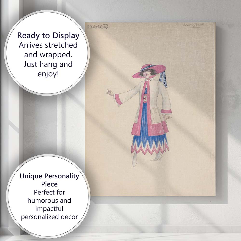 Art Deco Pink Blue Fashion Sketch Elegant Lady Illustration Canvas Wall Art Print Decor Picture Ready to Hang