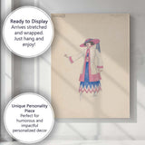 Art Deco Pink Blue Fashion Sketch Elegant Lady Illustration Canvas Wall Art Print Decor Picture Ready to Hang