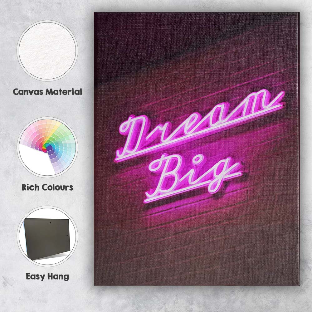 Dream Big Pink Neon Typography Wall Art Canvas Wall Art Print Decor Picture Ready to Hang