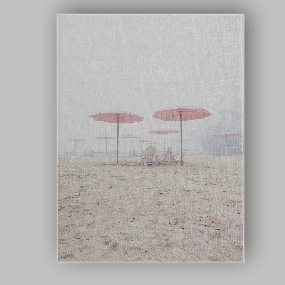 Foggy Pink Beach Umbrellas Coastal Landscape Canvas Wall Art Print Decor Picture Ready to Hang