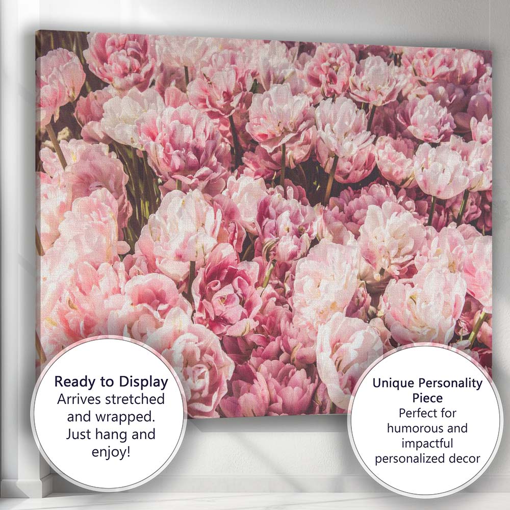 Soft Pink Double Tulip Flower Field Photography Canvas Wall Art Print Decor Picture Ready to Hang