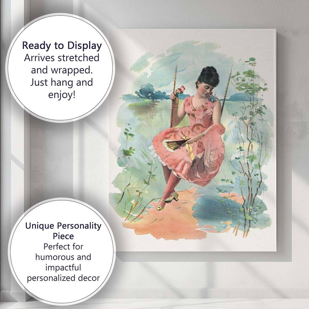 Romantic Victorian Lady on Garden Swing Illustration Canvas Wall Art Print Decor Picture Ready to Hang