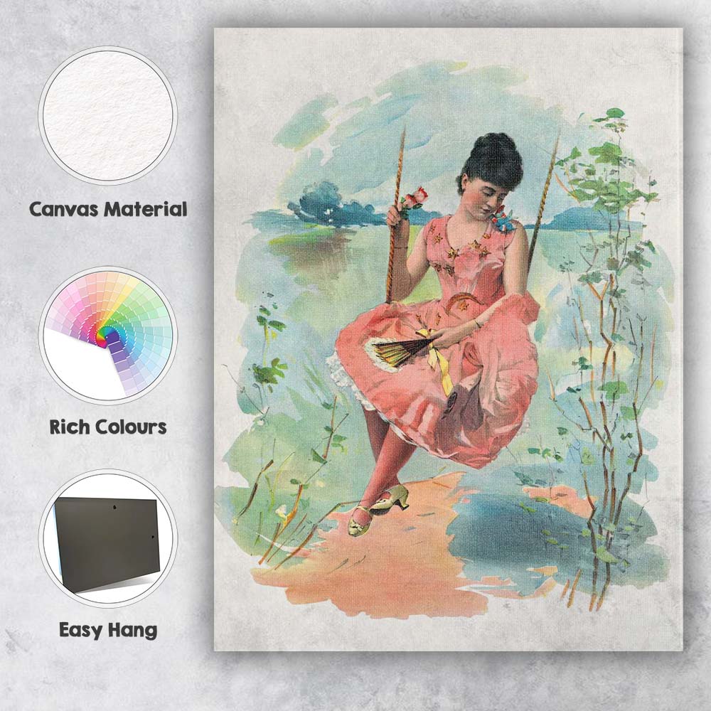 Romantic Victorian Lady on Garden Swing Illustration Canvas Wall Art Print Decor Picture Ready to Hang