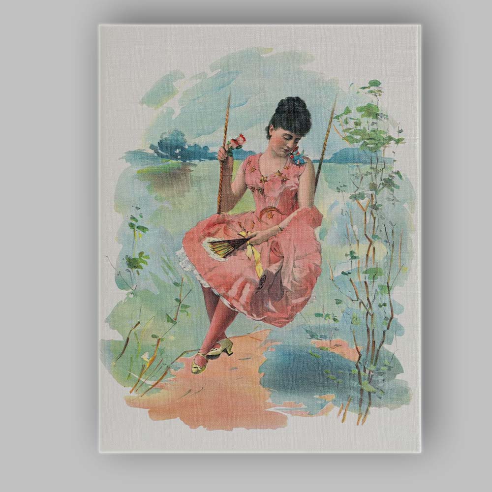 Romantic Victorian Lady on Garden Swing Illustration Canvas Wall Art Print Decor Picture Ready to Hang