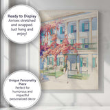Elegant Blue Townhouse with Pink Wisteria Watercolour Canvas Wall Art Print Decor Picture Ready to Hang