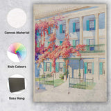Elegant Blue Townhouse with Pink Wisteria Watercolour Canvas Wall Art Print Decor Picture Ready to Hang
