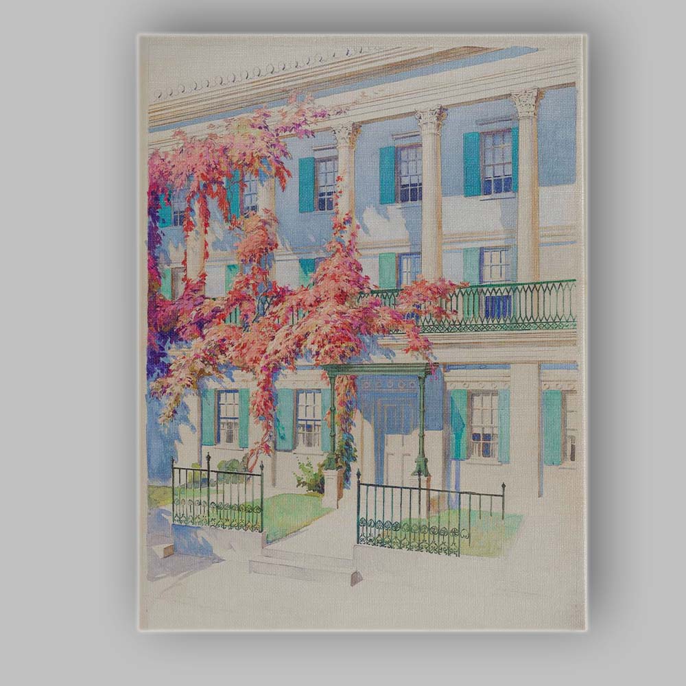 Elegant Blue Townhouse with Pink Wisteria Watercolour Canvas Wall Art Print Decor Picture Ready to Hang