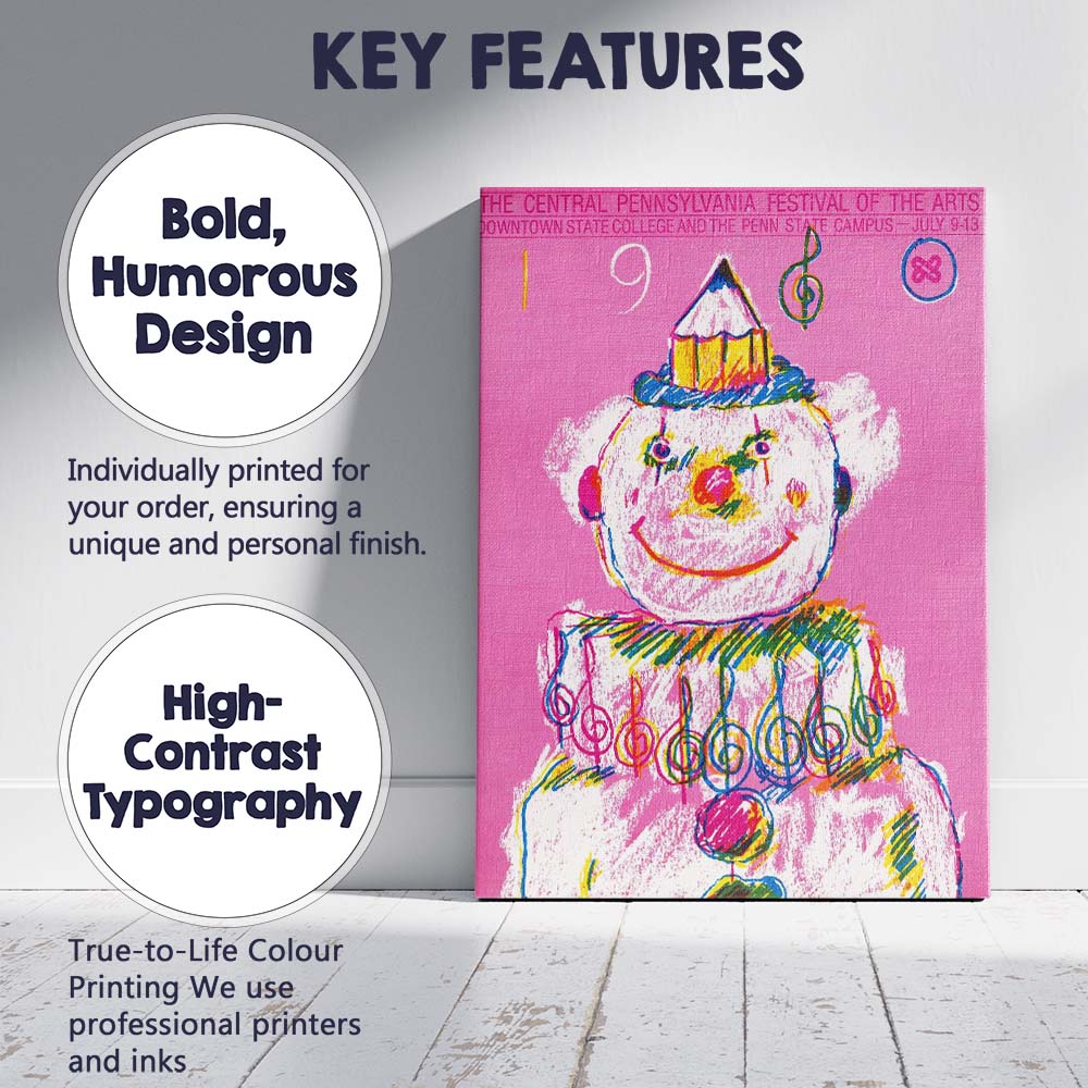 Retro Pink Clown Music Festival Poster Illustration Canvas Wall Art Print Decor Picture Ready to Hang