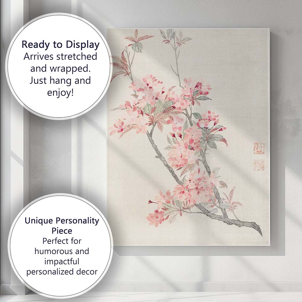 Elegant Pink Cherry Blossom Branch Asian Botanical Painting Canvas Wall Art Print Decor Picture Ready to Hang