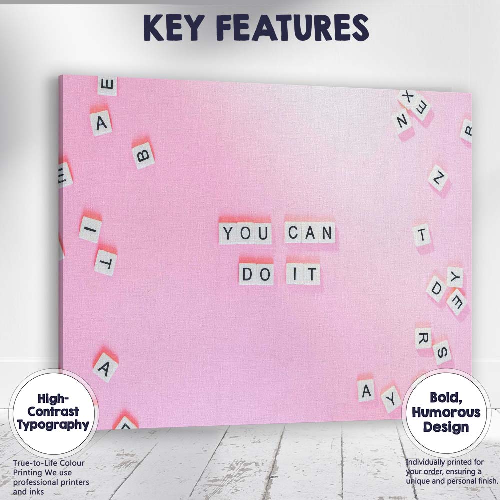 Pink Letter Tiles You Can Do It Motivational Quote Canvas Wall Art Print Decor Picture Ready to Hang