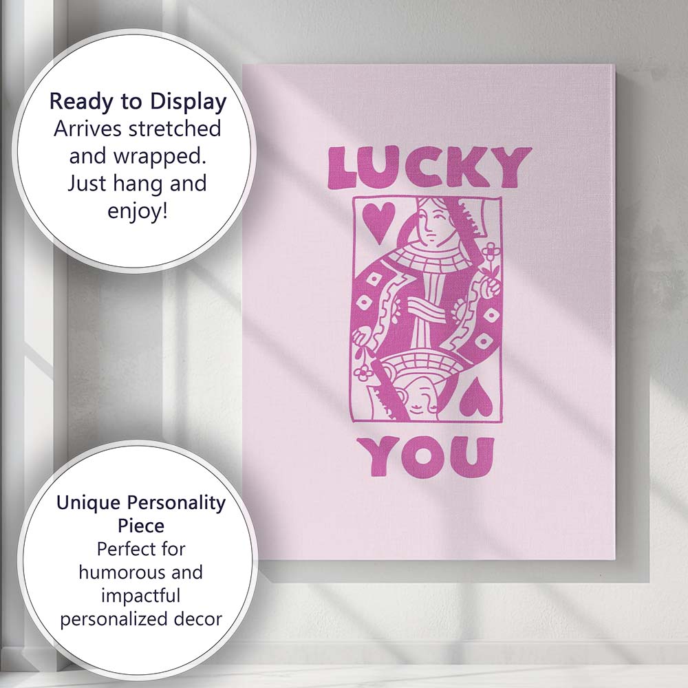 Lucky You Playing Card Queen Retro Typography Canvas Wall Art Print Decor Picture Ready to Hang