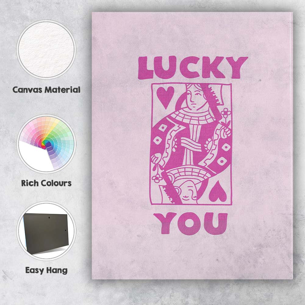 Lucky You Playing Card Queen Retro Typography Canvas Wall Art Print Decor Picture Ready to Hang