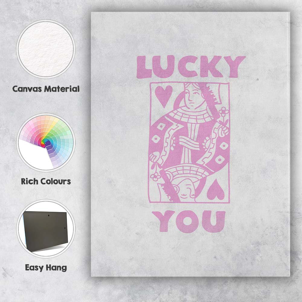 Lucky You Queen of Hearts Retro Playing Card Illustration Canvas Wall Art Print Decor Picture Ready to Hang