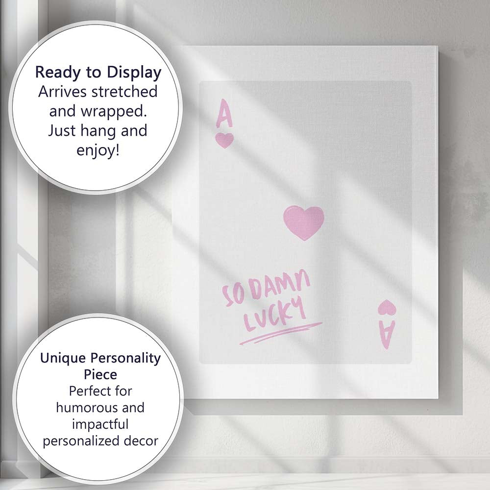 So Damn Lucky Pink Heart Playing Card Typography Canvas Wall Art Print Decor Picture Ready to Hang