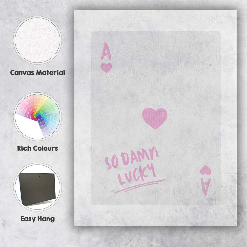 So Damn Lucky Pink Heart Playing Card Typography Canvas Wall Art Print Decor Picture Ready to Hang
