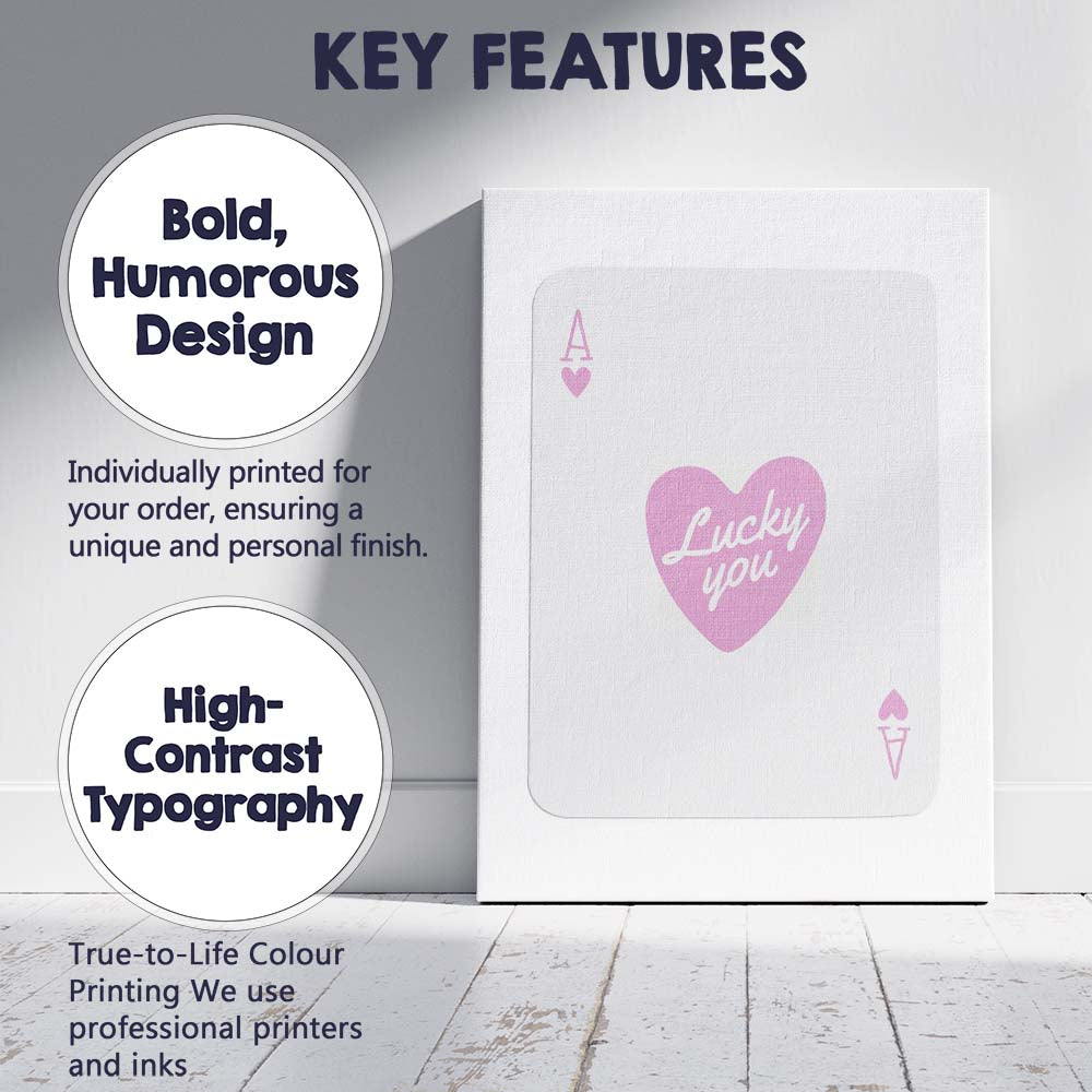 Lucky You Pink Heart Love Typography Minimalist Design Canvas Wall Art Print Decor Picture Ready to Hang