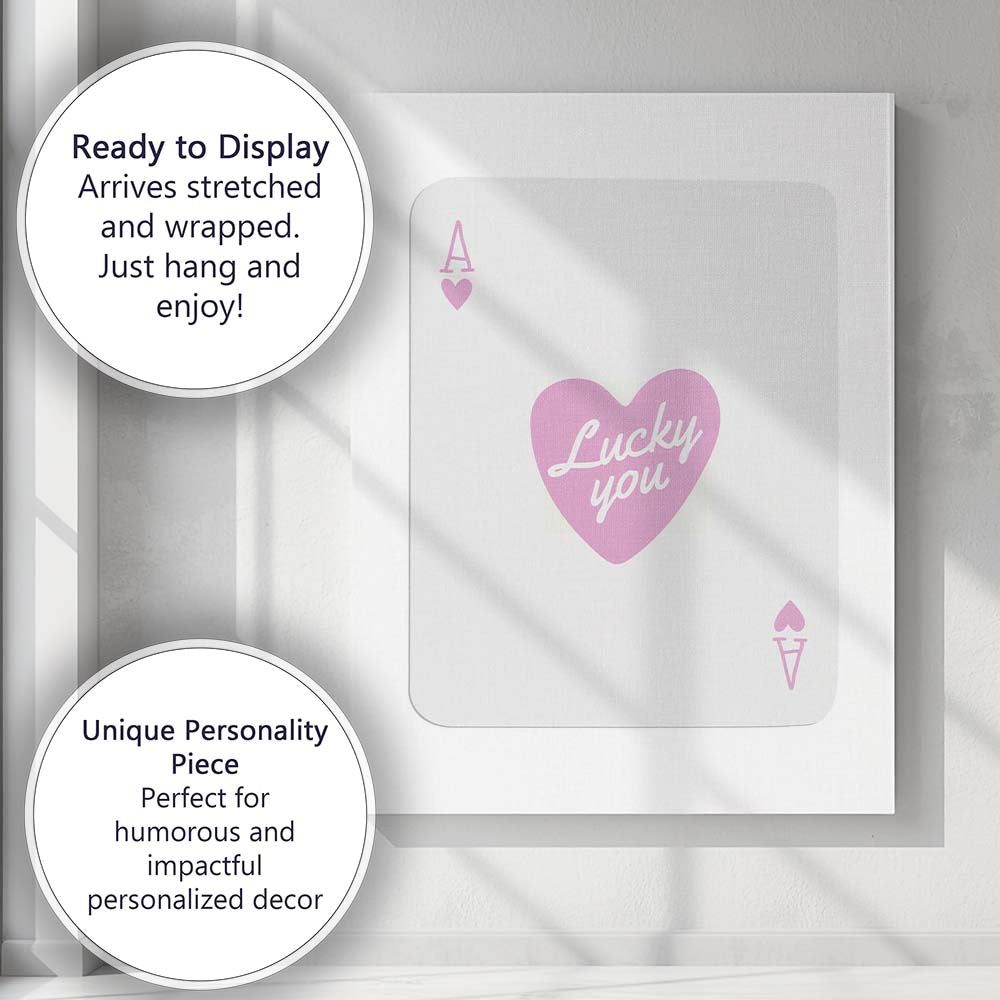 Lucky You Pink Heart Love Typography Minimalist Design Canvas Wall Art Print Decor Picture Ready to Hang