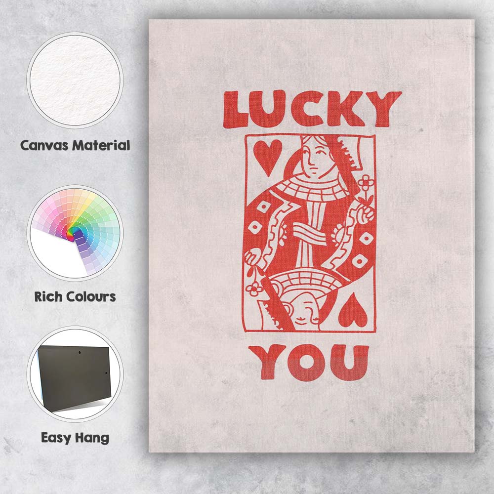 Lucky You Queen of Hearts Red Playing Card Illustration Canvas Wall Art Print Decor Picture Ready to Hang