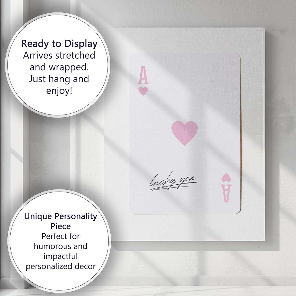 Lucky You Pink Ace of Hearts Minimalist Typography Canvas Wall Art Print Decor Picture Ready to Hang