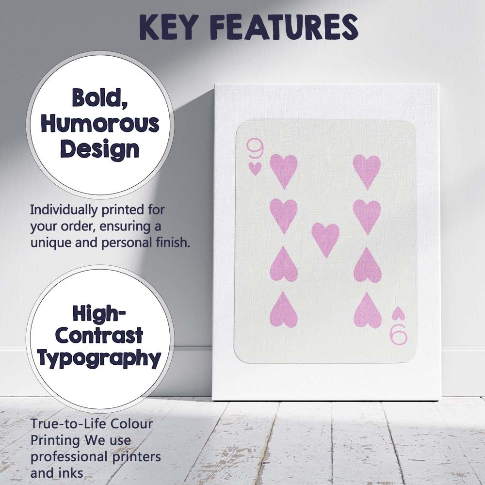 Minimalist Pink Nine of Hearts Playing Card Design Canvas Wall Art Print Decor Picture Ready to Hang