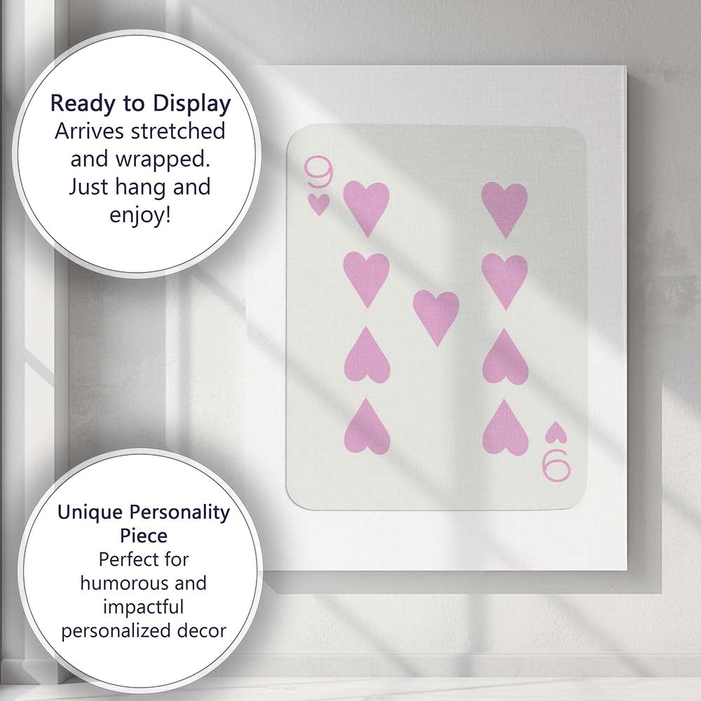Minimalist Pink Nine of Hearts Playing Card Design Canvas Wall Art Print Decor Picture Ready to Hang