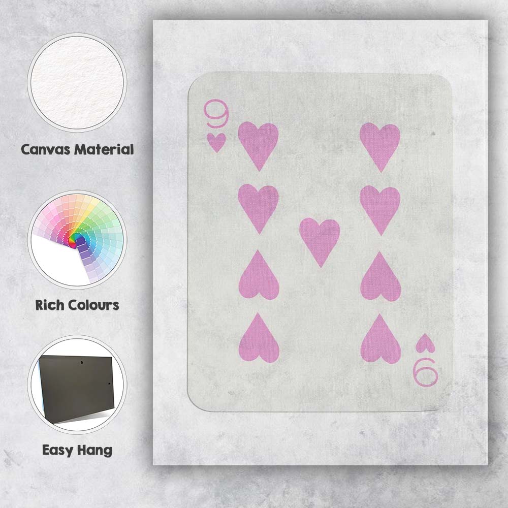 Minimalist Pink Nine of Hearts Playing Card Design Canvas Wall Art Print Decor Picture Ready to Hang