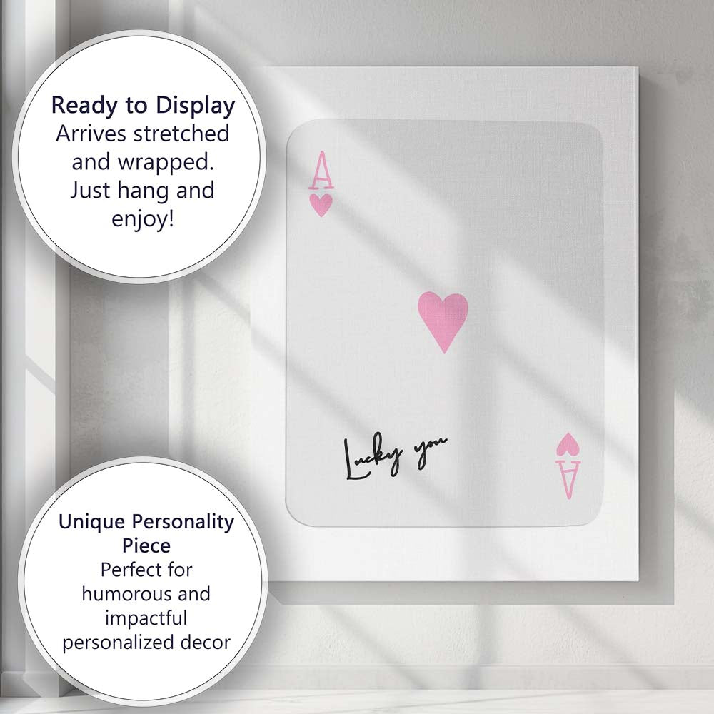 Lucky You Grey Pink Ace of Hearts Modern Playing Card Canvas Wall Art Print Decor Picture Ready to Hang