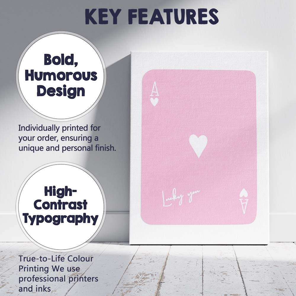 Lucky You Pink Ace of Hearts Minimalist Playing Card Canvas Wall Art Print Decor Picture Ready to Hang