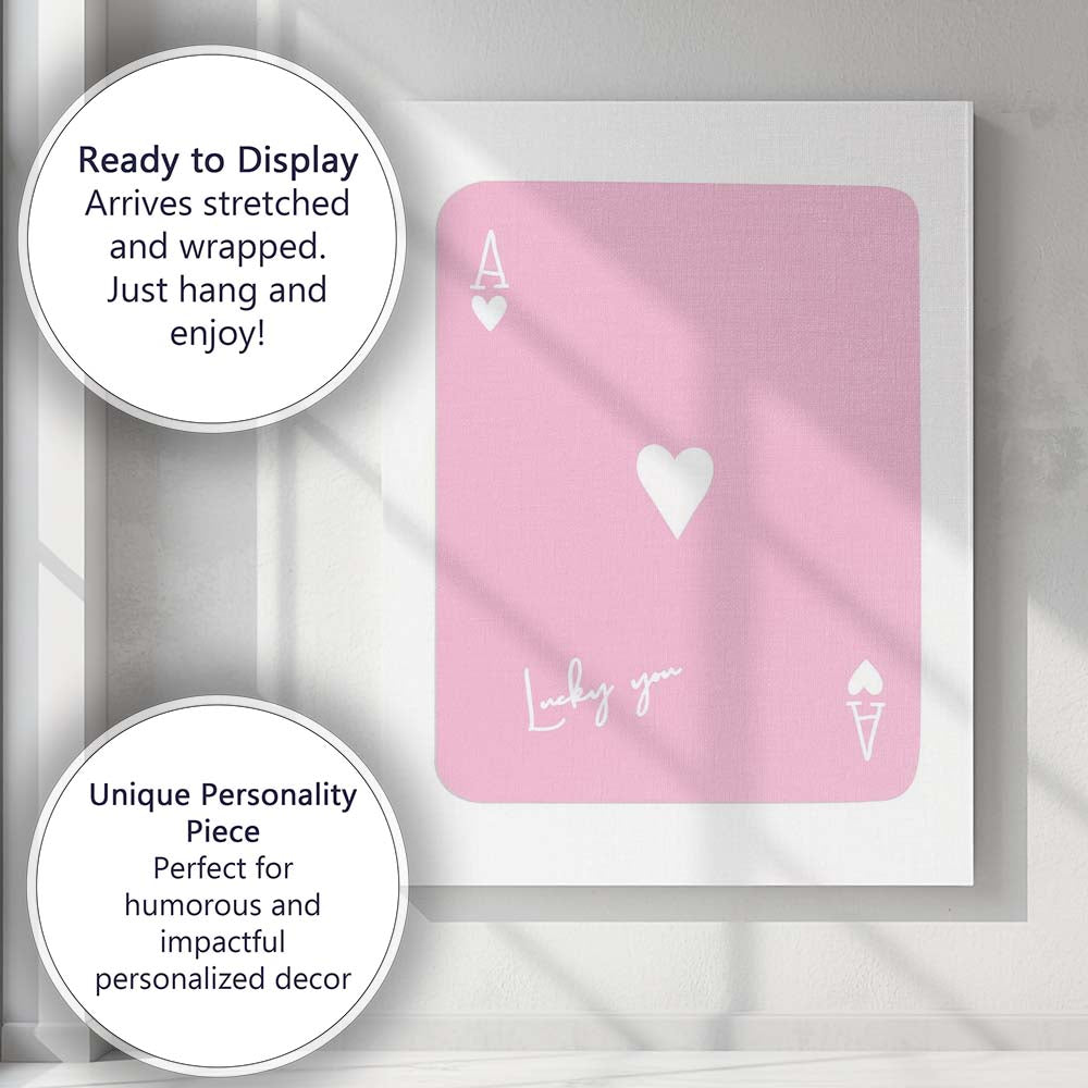 Lucky You Pink Ace of Hearts Minimalist Playing Card Canvas Wall Art Print Decor Picture Ready to Hang