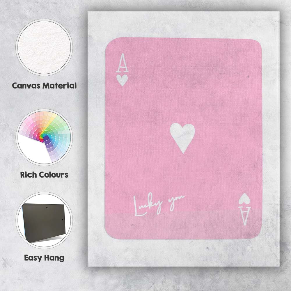 Lucky You Pink Ace of Hearts Minimalist Playing Card Canvas Wall Art Print Decor Picture Ready to Hang