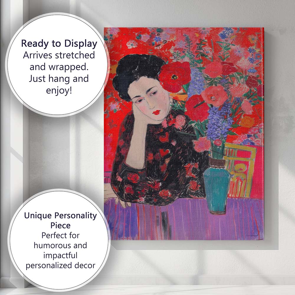 Expressive Woman With Red Flowers Still Life Painting Canvas Wall Art Print Decor Picture Ready to Hang