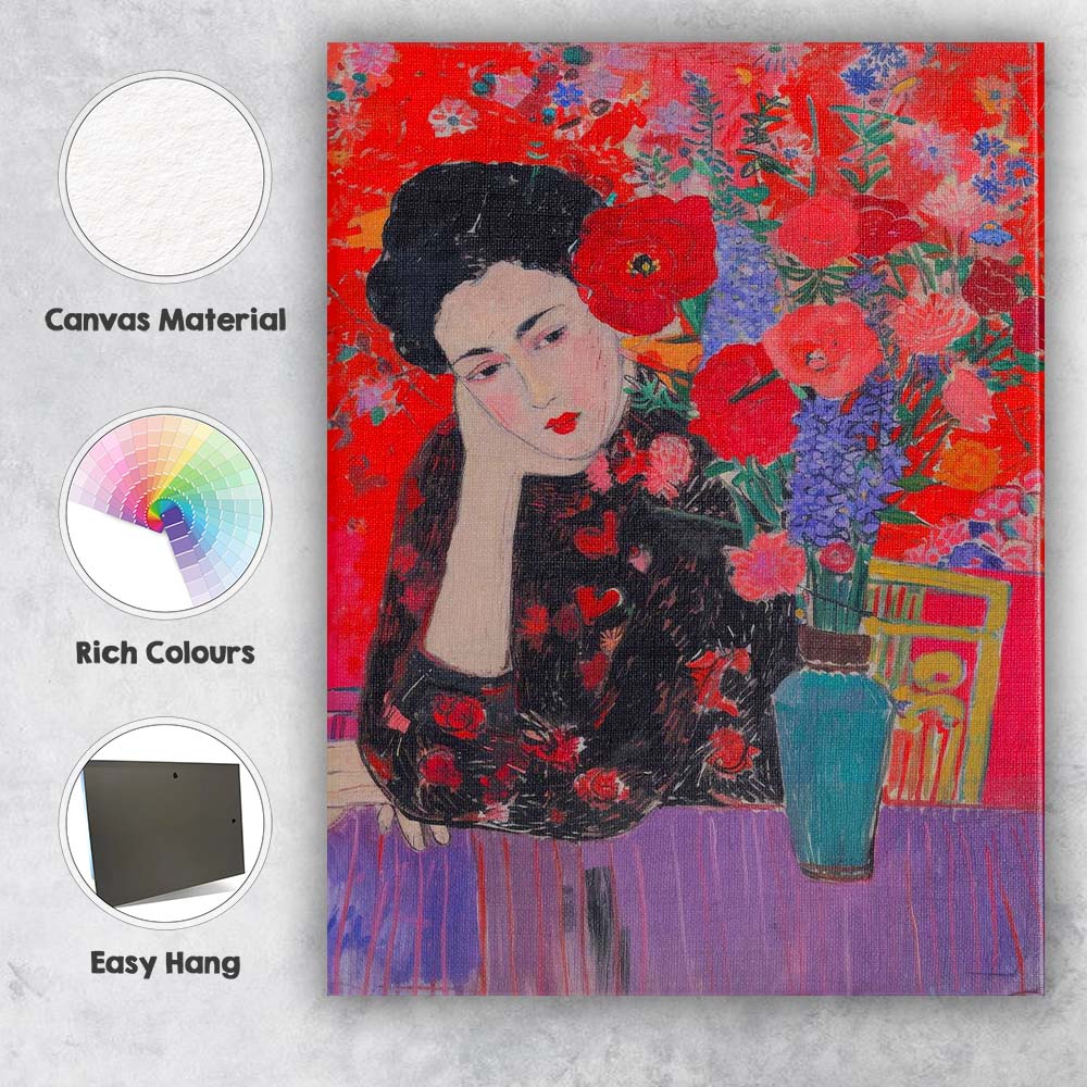 Expressive Woman With Red Flowers Still Life Painting Canvas Wall Art Print Decor Picture Ready to Hang