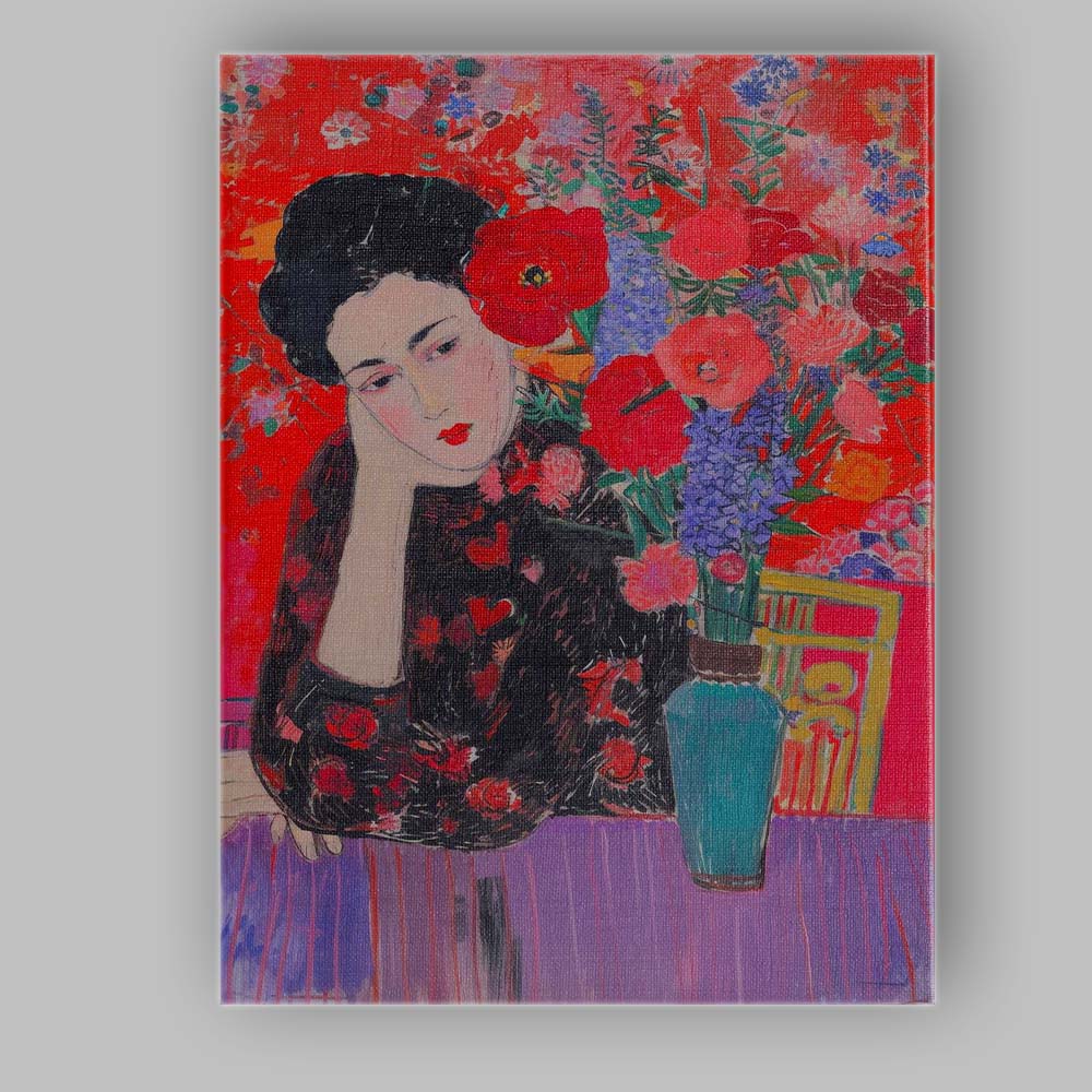 Expressive Woman With Red Flowers Still Life Painting Canvas Wall Art Print Decor Picture Ready to Hang