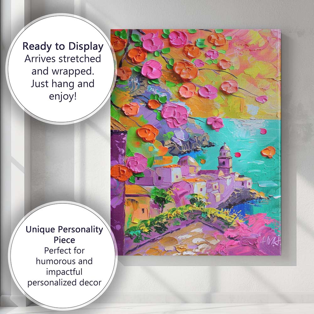 Colourful Mediterranean Coastal Village Blossom Palette Knife Painting Canvas Wall Art Print Decor Picture Ready to Hang