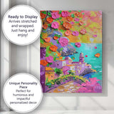 Colourful Mediterranean Coastal Village Blossom Palette Knife Painting Canvas Wall Art Print Decor Picture Ready to Hang