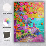 Colourful Mediterranean Coastal Village Blossom Palette Knife Painting Canvas Wall Art Print Decor Picture Ready to Hang
