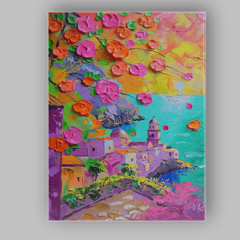 Colourful Mediterranean Coastal Village Blossom Palette Knife Painting Canvas Wall Art Print Decor Picture Ready to Hang