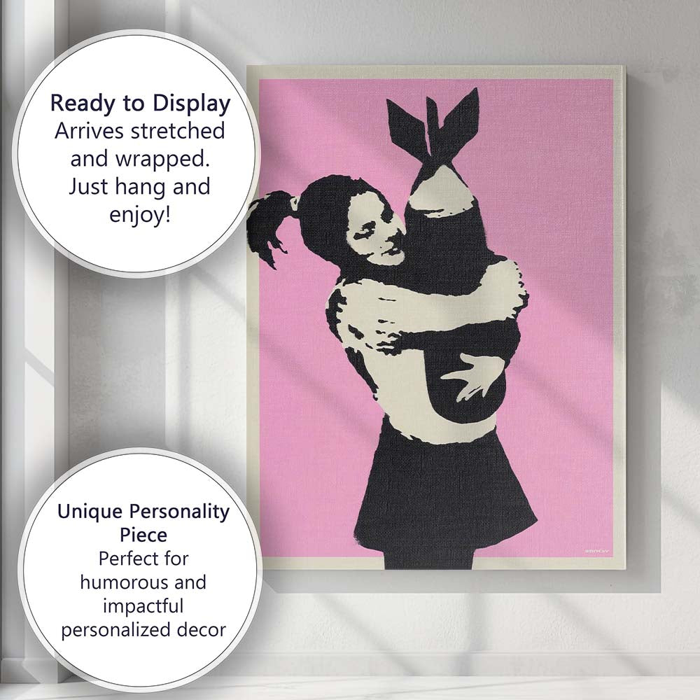 Banksy Style Girl Hugging Bomb Pink Street Art Canvas Wall Art Print Decor Picture Ready to Hang
