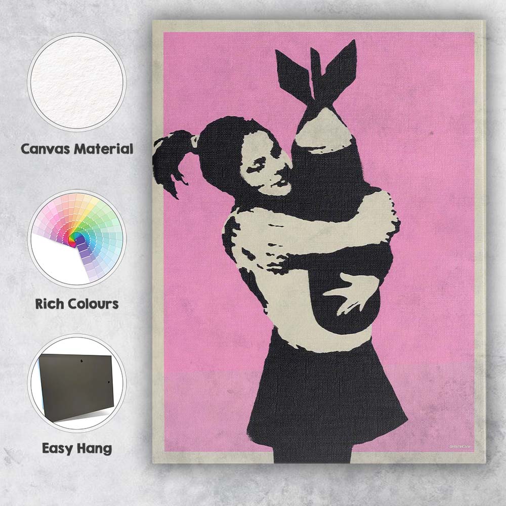 Banksy Style Girl Hugging Bomb Pink Street Art Canvas Wall Art Print Decor Picture Ready to Hang