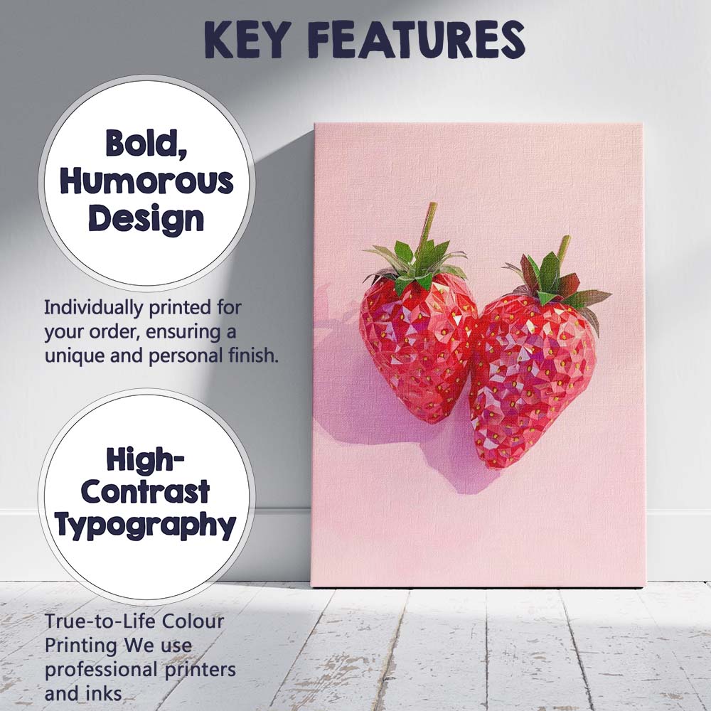 Geometric Pink Strawberry Contemporary Fruit Art Canvas Wall Art Print Decor Picture Ready to Hang