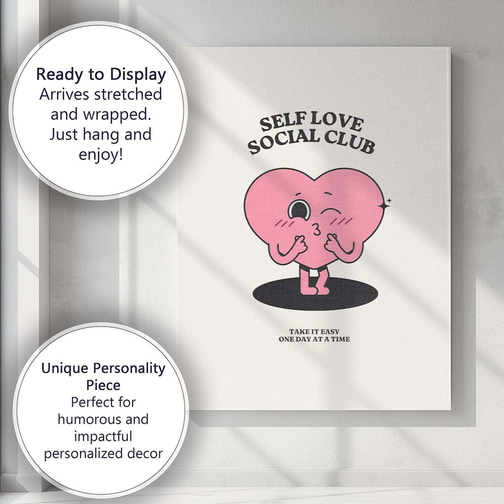 Cute Self Love Social Club Heart Character Canvas Wall Art Print Decor Picture Ready to Hang