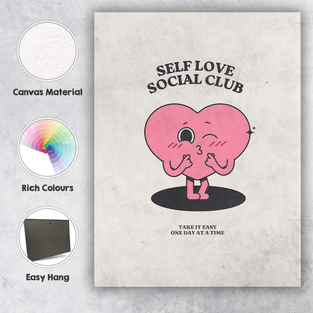 Cute Self Love Social Club Heart Character Canvas Wall Art Print Decor Picture Ready to Hang