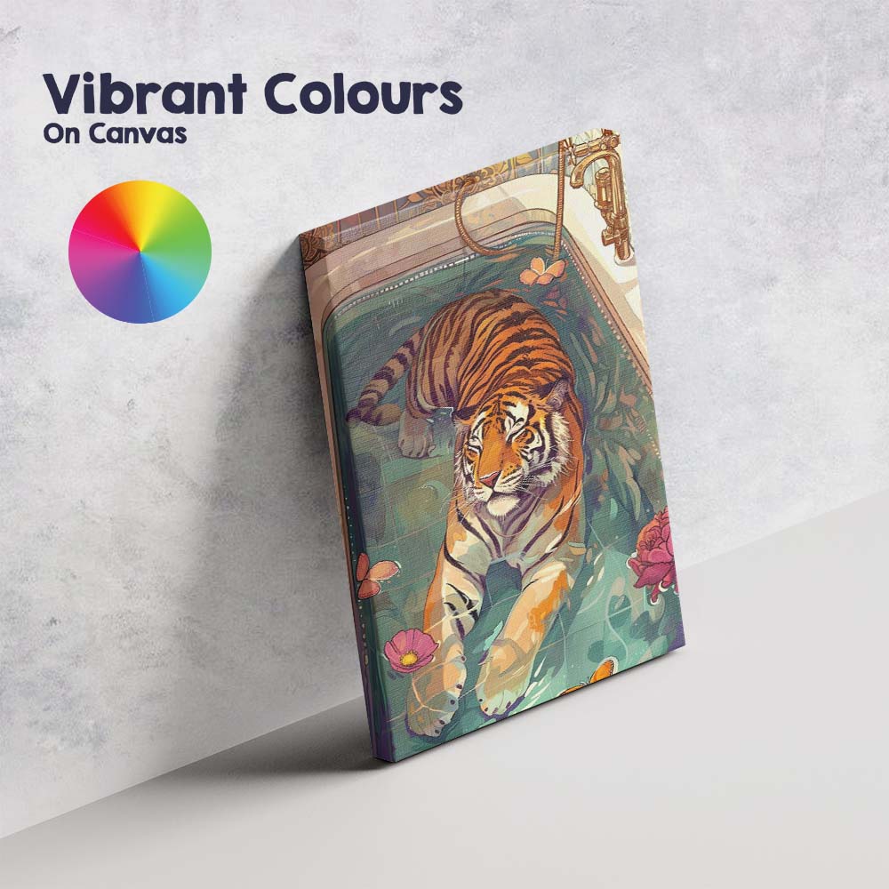 Abstract Tiger Relaxing Bath Floral Butterfly Illustration Canvas Wall Art Print Decor Picture Ready to Hang