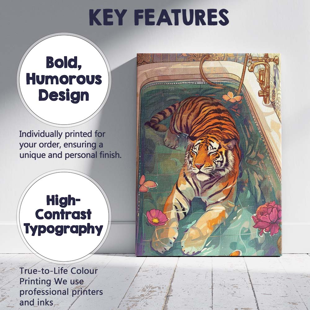 Abstract Tiger Relaxing Bath Floral Butterfly Illustration Canvas Wall Art Print Decor Picture Ready to Hang
