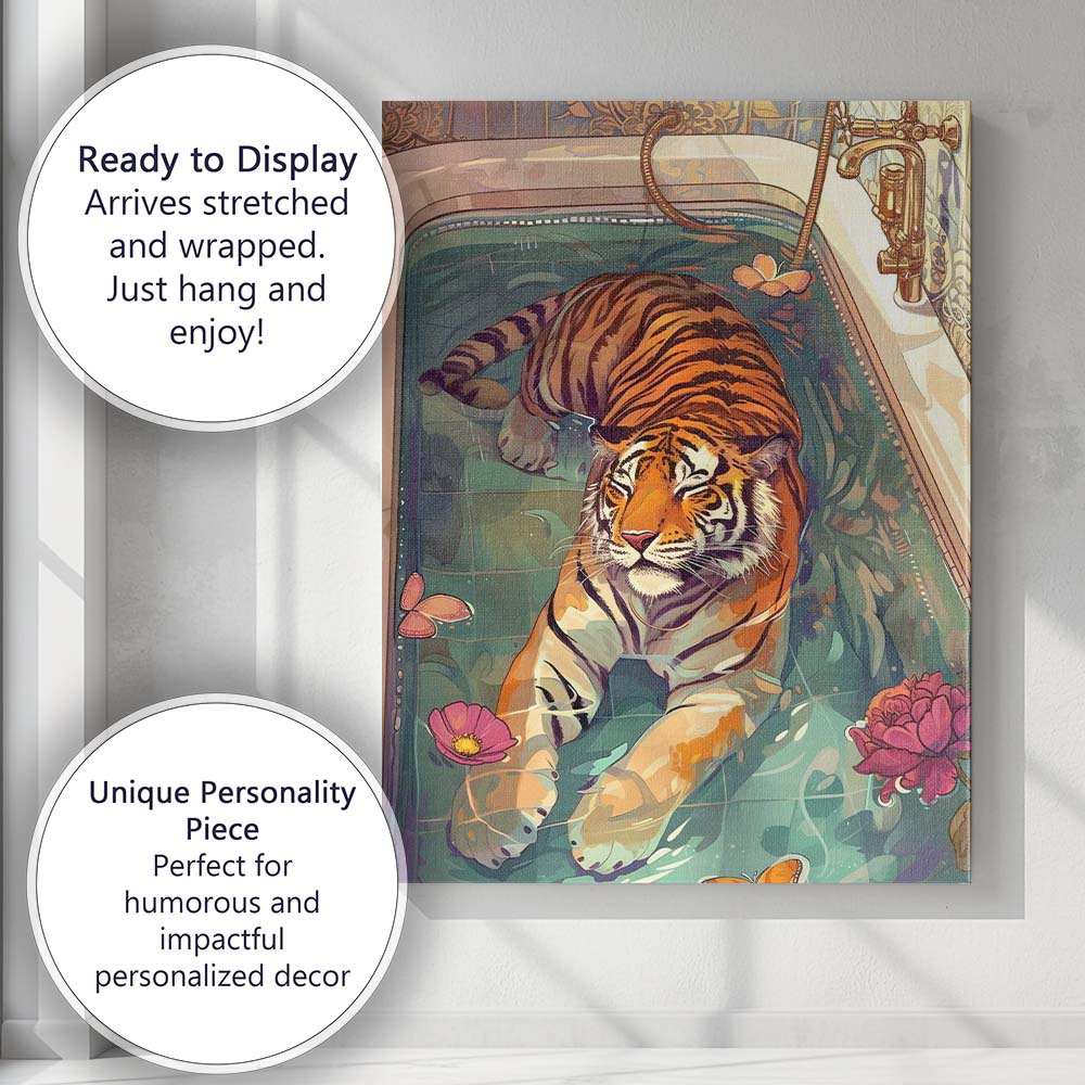 Abstract Tiger Relaxing Bath Floral Butterfly Illustration Canvas Wall Art Print Decor Picture Ready to Hang