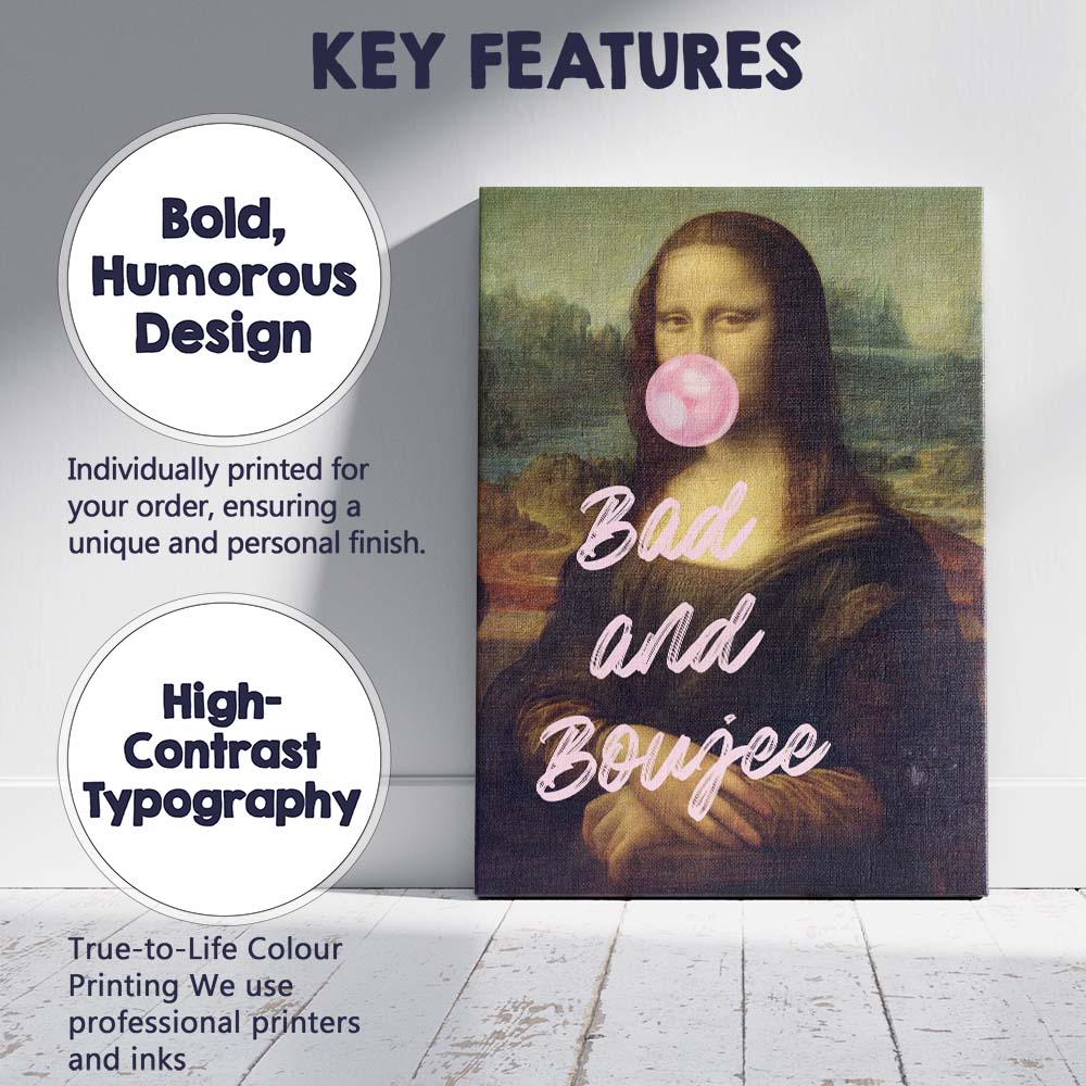 Funny Mona Lisa Bubble Gum Bad And Boujee Typography Canvas Wall Art Print Decor Picture Ready to Hang
